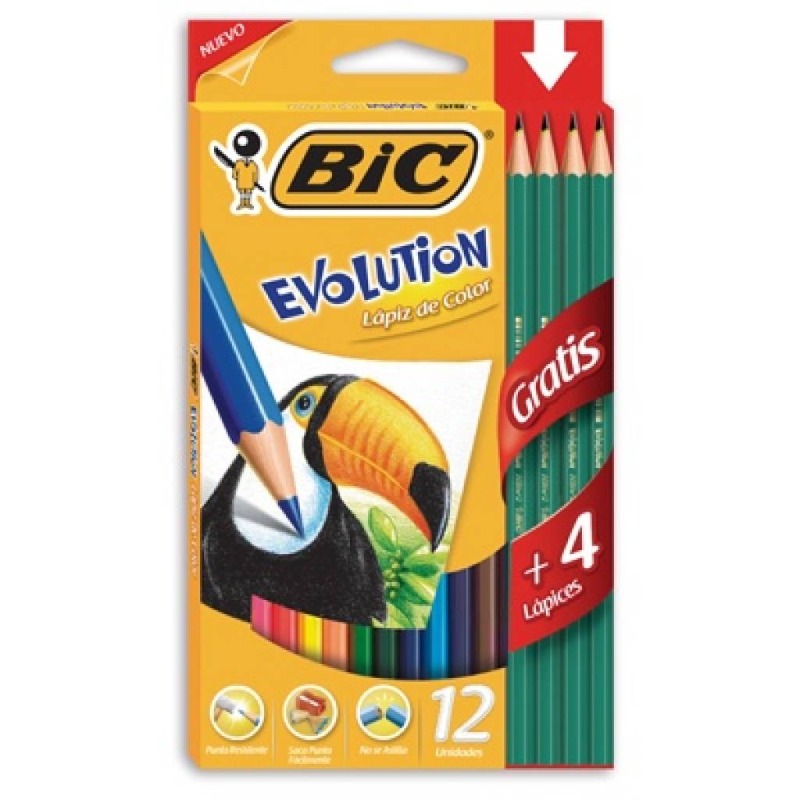 LAP.COLORESx12u.LARGOS+ 4 NEGROS EVOLUTION BIC